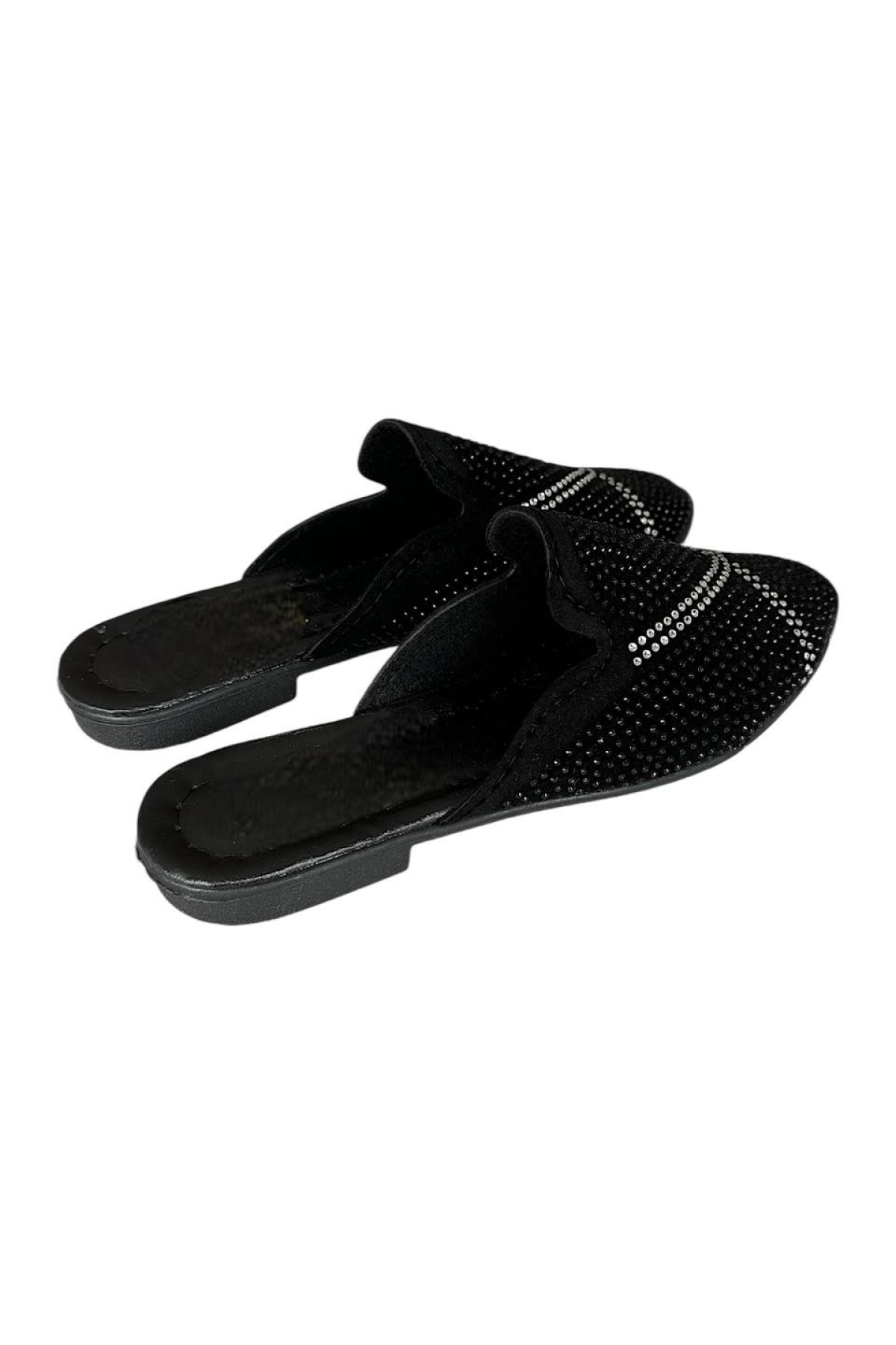 Süet Sivri Burun Taş Tasarımlı Kadın Terlik SİYAH - GÜMÜŞ - Görsel 5