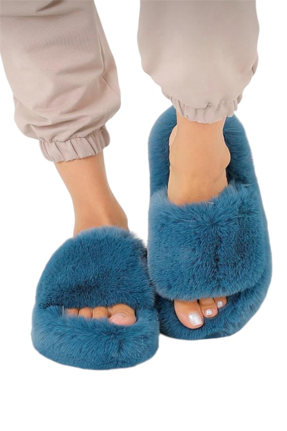 Ekstra Yumuşak Tüylü Kadın Terlik PETROL - Görsel 2