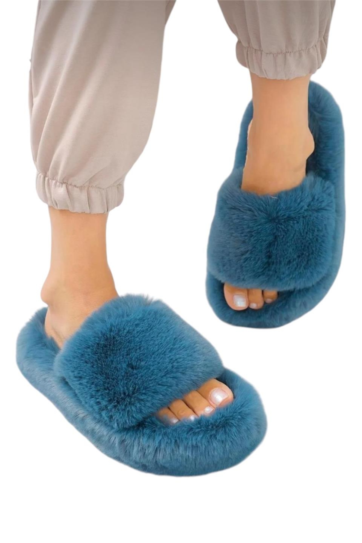 Ekstra Yumuşak Tüylü Kadın Terlik PETROL - Görsel 3