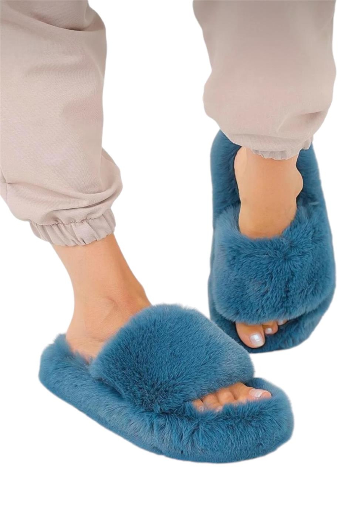 Ekstra Yumuşak Tüylü Kadın Terlik PETROL - Görsel 4