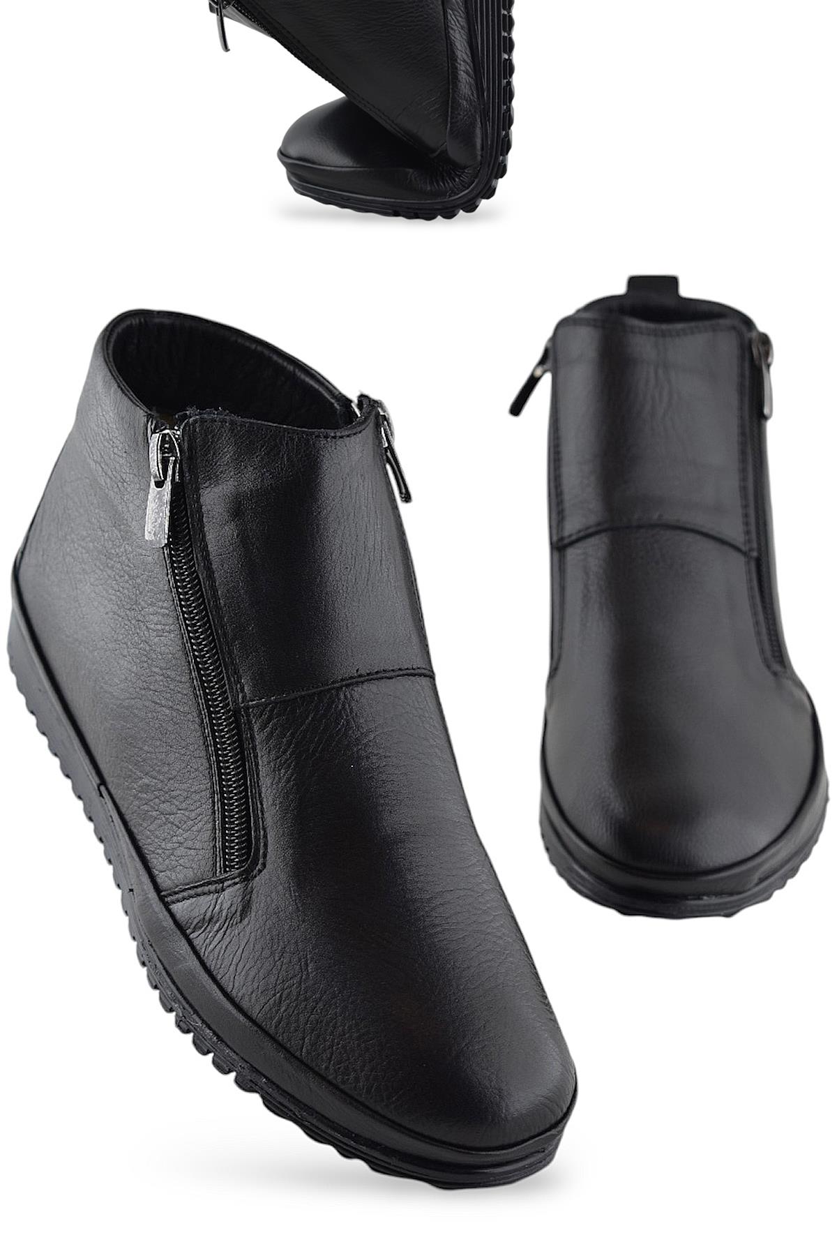 380K Ortopedik Taban Hakiki Deri Siyah Anne Botu Kadın Çift Fermuarlı Bot Ayakkabı - Görsel 2