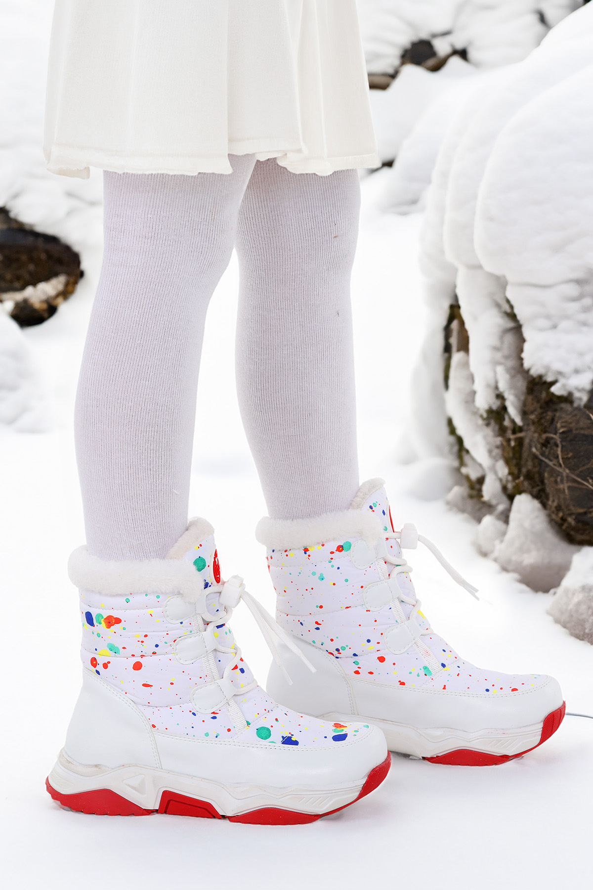 Bambu Bağcıklı Kız Çocuk Kar Botu Beyaz - Kırmızı - Görsel 2