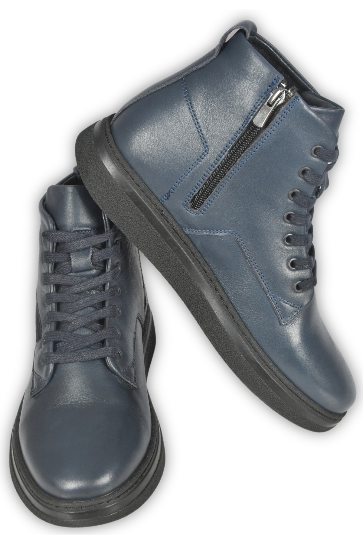 DeepSEA Erkek Lacivert Bağcıklı Yan Fermuarlı Orjinal Deri Su Geçirmez Ortopedik Taban Yarım Bot 2509950 - Görsel 5