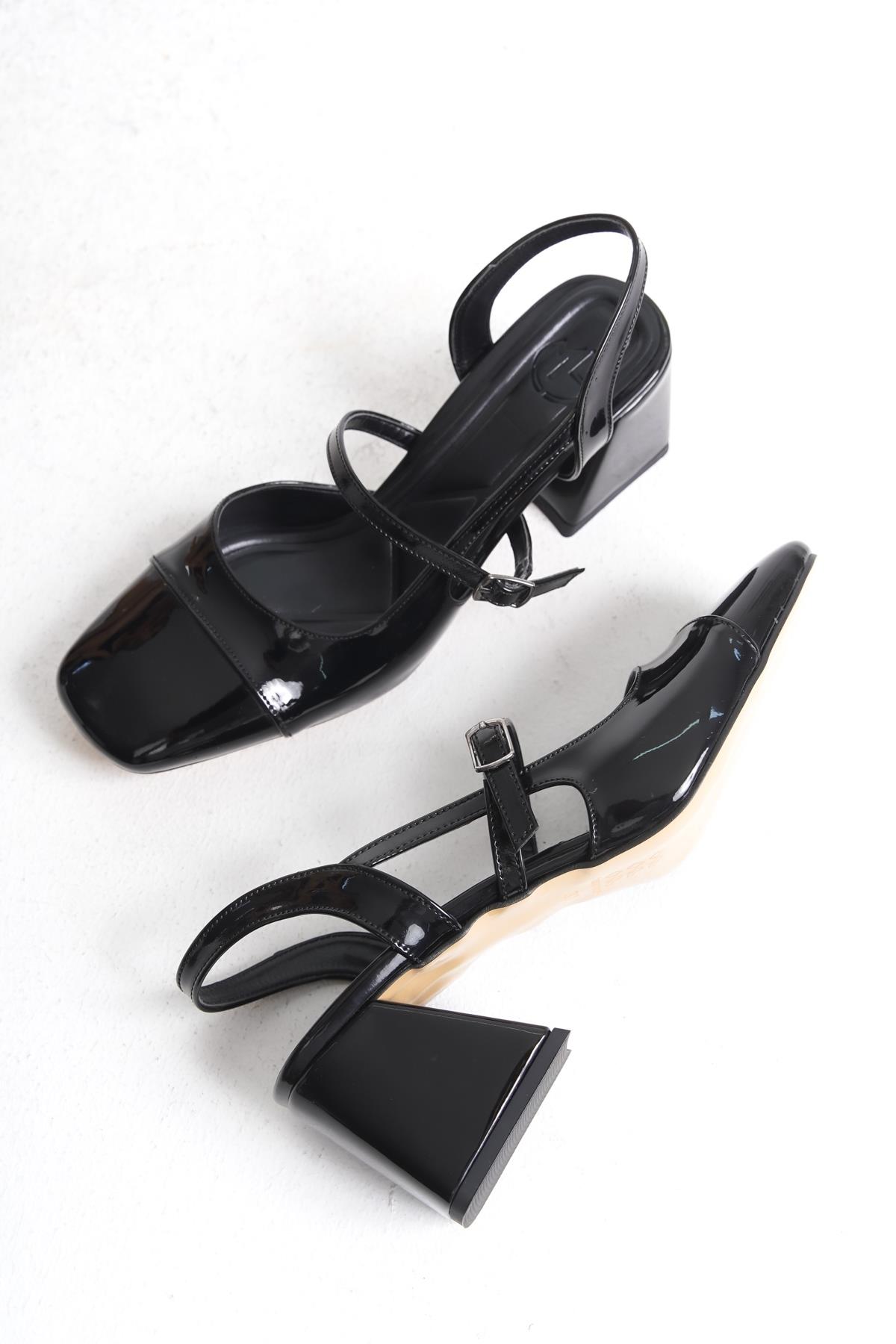 Tenba Siyah Rugan Mary Jane Kalın Topuklu Küt Burun Bantlı Ayakkabı - Görsel 3