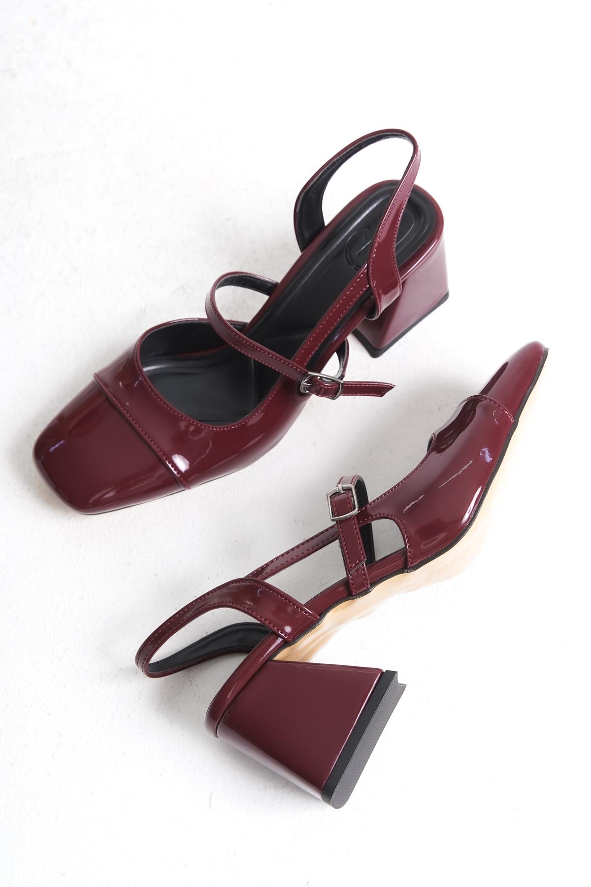 Tenba Bordo Rugan Mary Jane Kalın Topuklu Küt Burun Bantlı Ayakkabı - Görsel 3