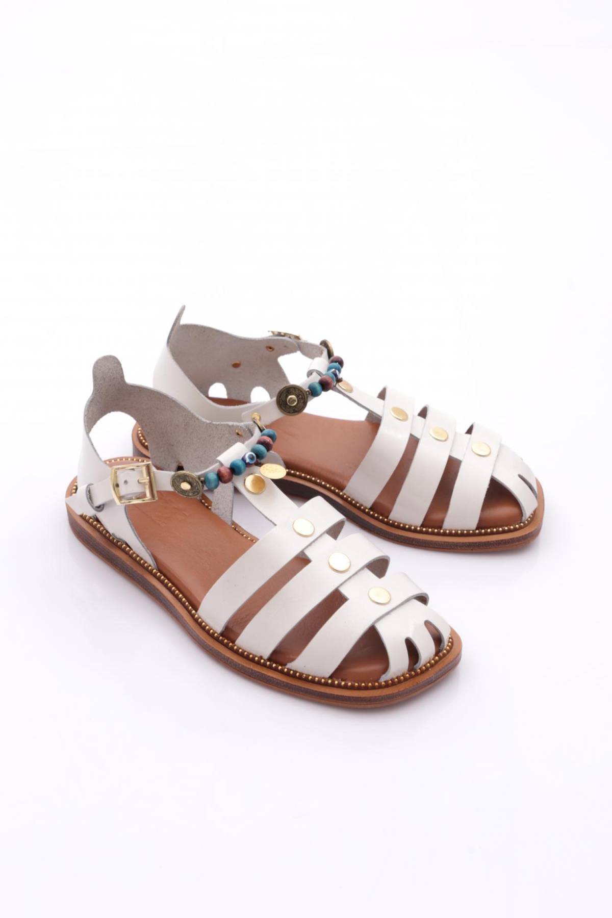 306 Kadin Bilekten Bağlama Boncuklu Sandalet - Görsel 3