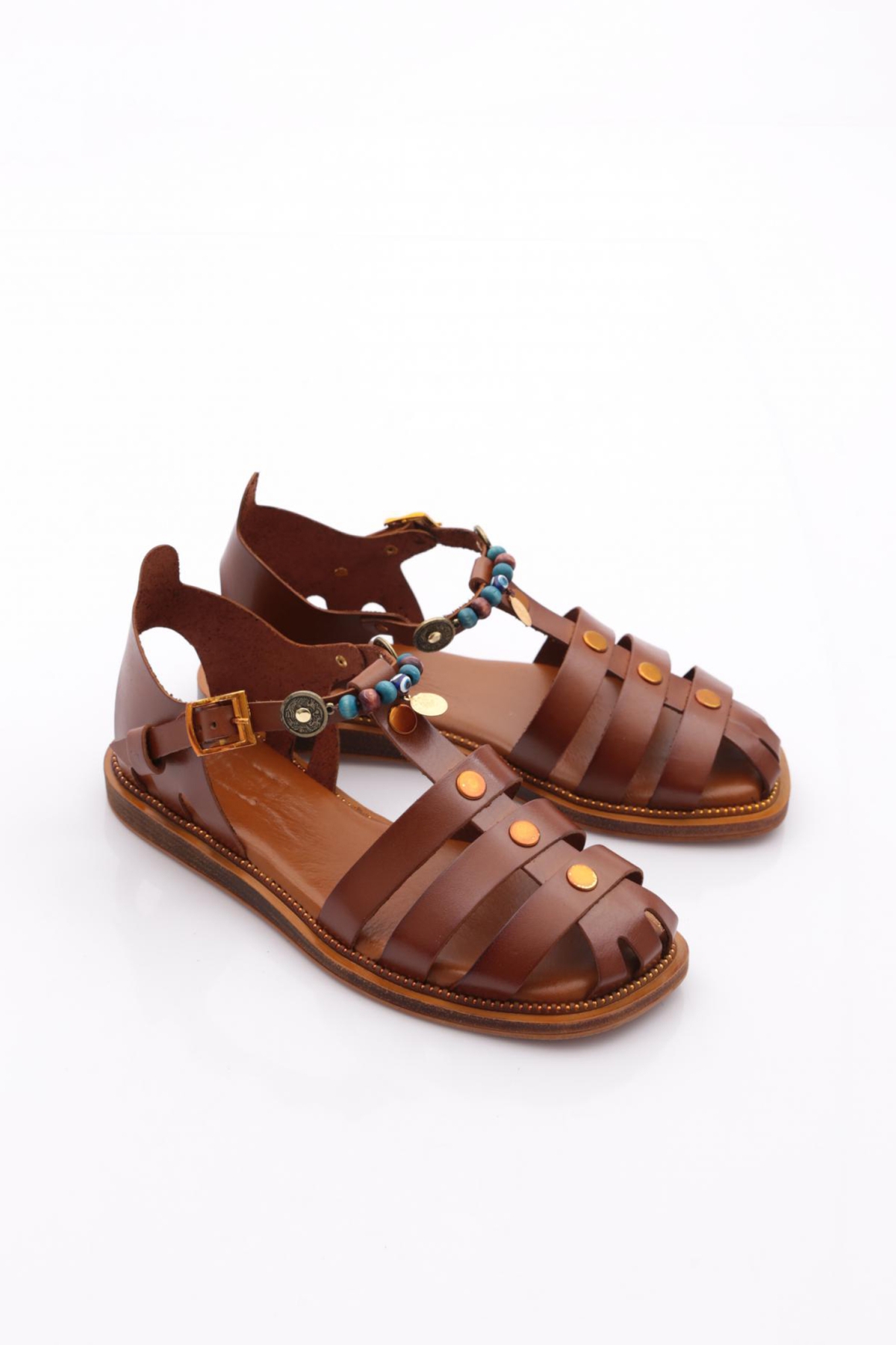 306 Kadin Bilekten Bağlama Boncuklu Sandalet - Görsel 3