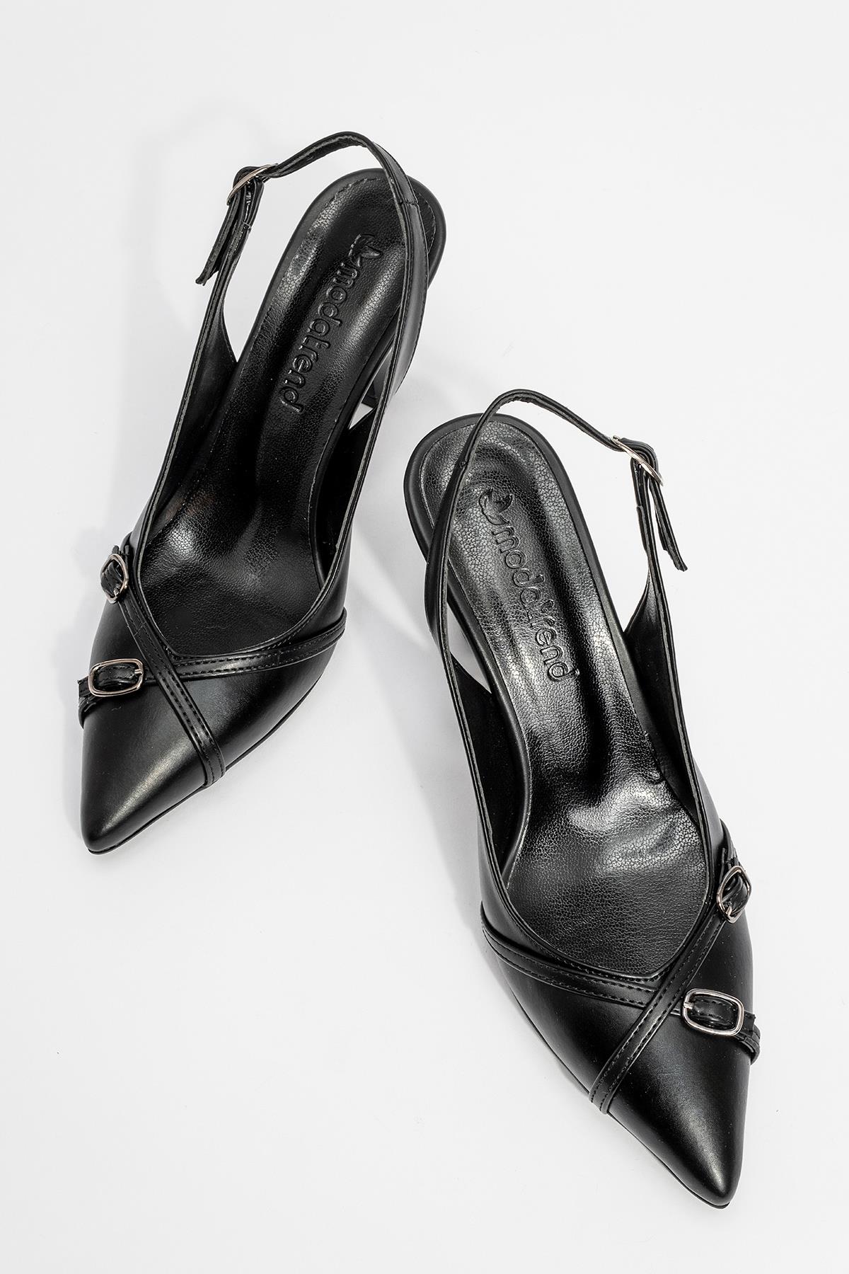 Kadın Arkası Açık Çapraz Tokalı Topuklu Ayakkabı SİYAH CİLT - Görsel 4