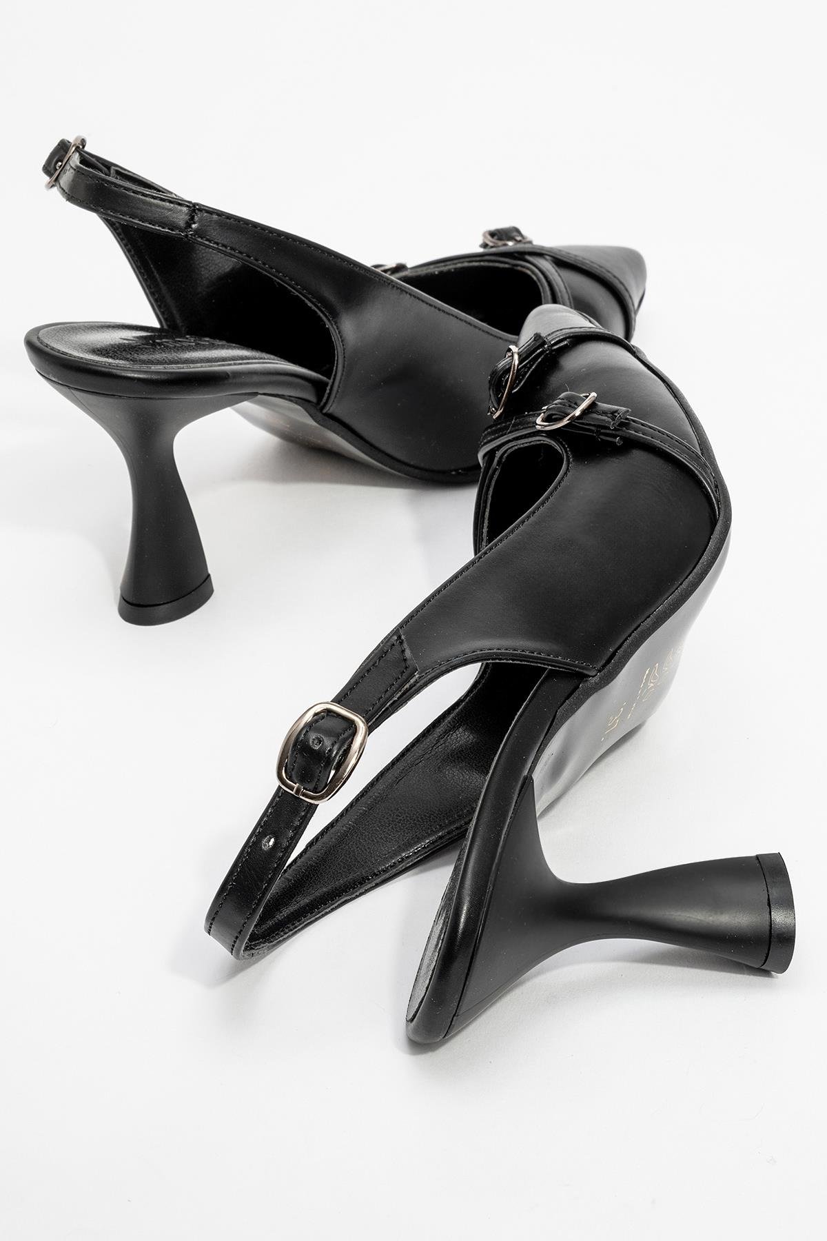 Kadın Arkası Açık Çapraz Tokalı Topuklu Ayakkabı SİYAH CİLT - Görsel 5