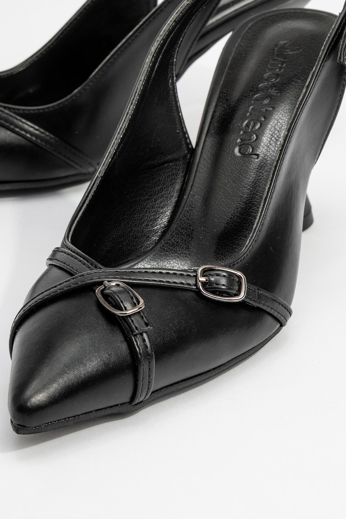 Kadın Arkası Açık Çapraz Tokalı Topuklu Ayakkabı SİYAH CİLT - Görsel 6