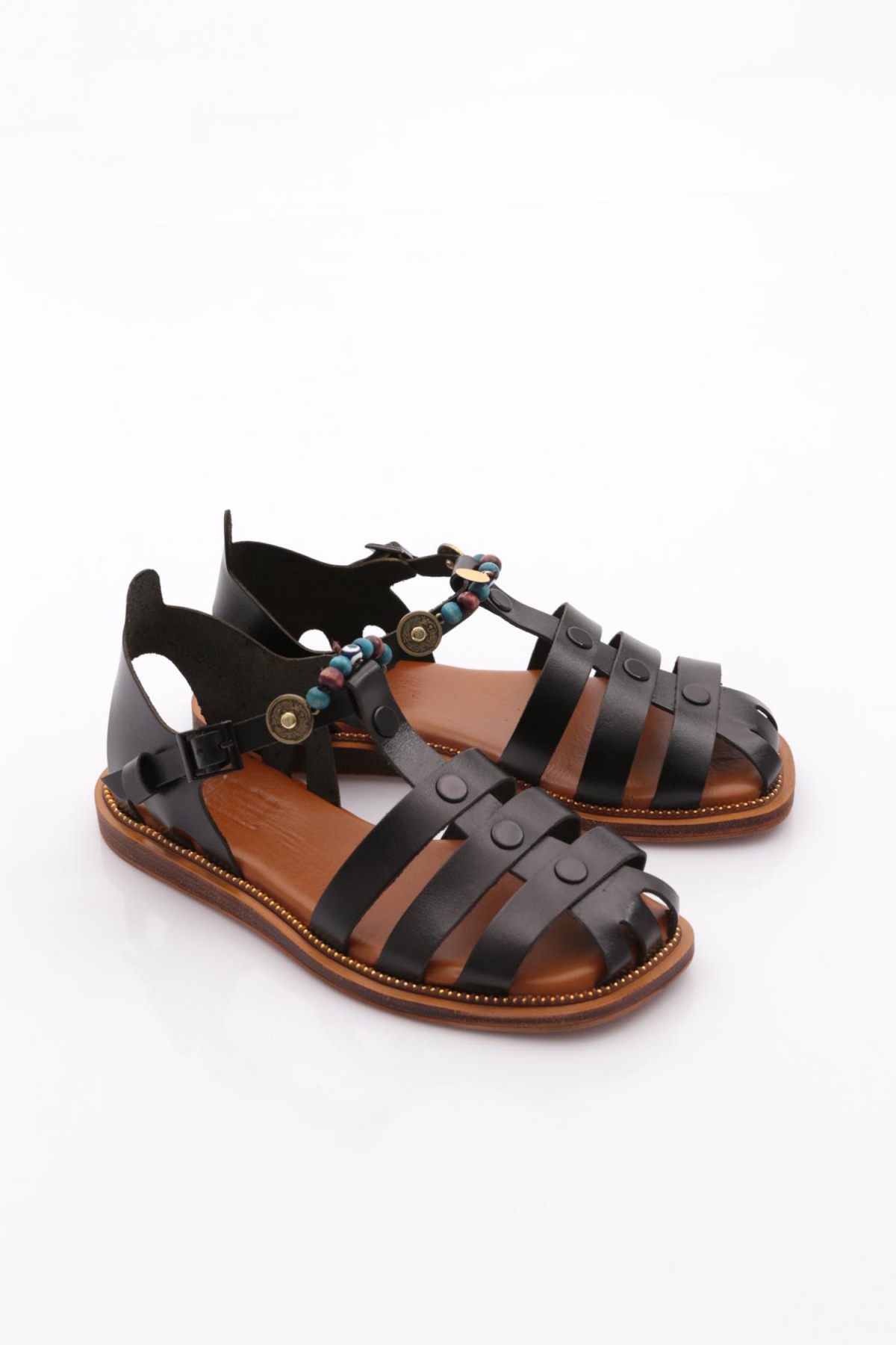 306 Kadin Bilekten Bağlama Boncuklu Sandalet - Görsel 3