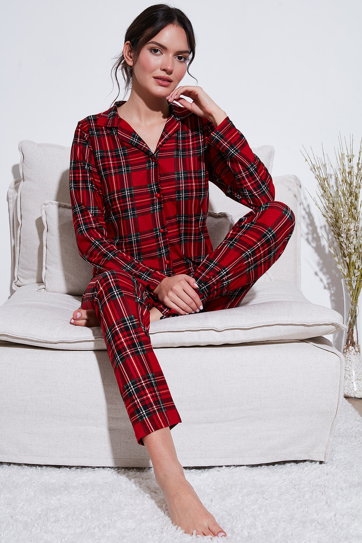 Bayan Pijama Takımı 65720501 KIRMIZI-YEŞİL