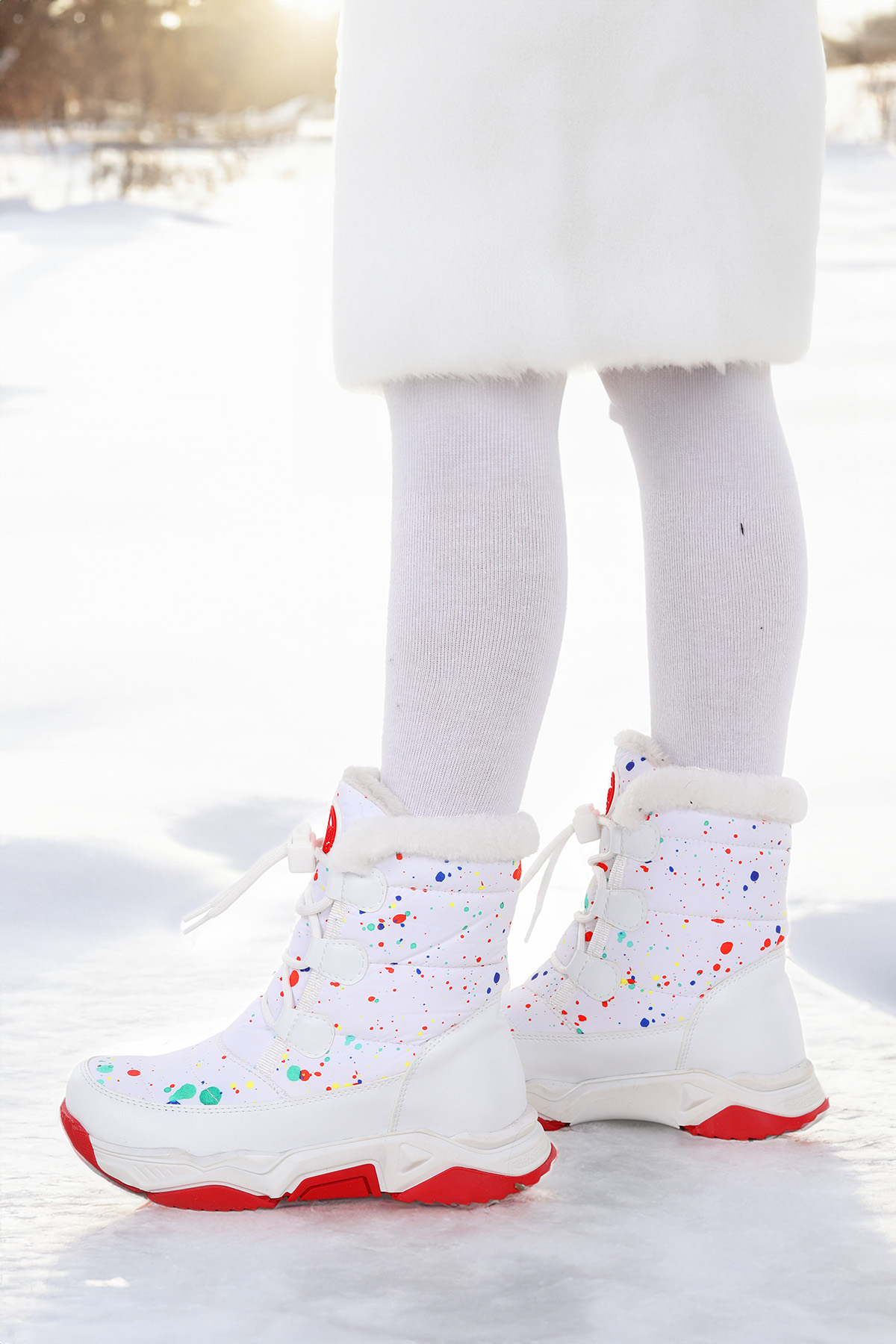 Bambu Bağcıklı Kız Çocuk Kar Botu Beyaz - Kırmızı - Görsel 3