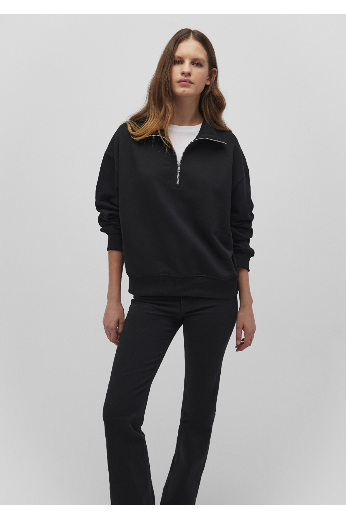 Yarı Fermuarlı Siyah Basic Sweatshirt