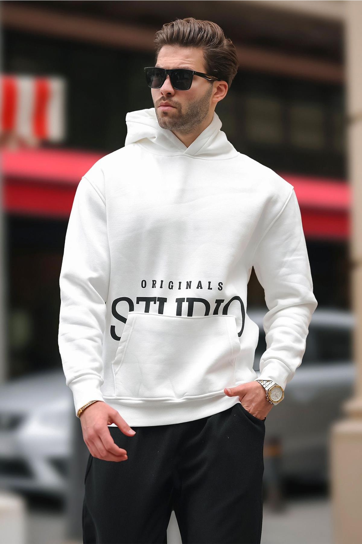 Ekru Kapüşonlu Baskılı Cep Detaylı Sweatshirt E7076