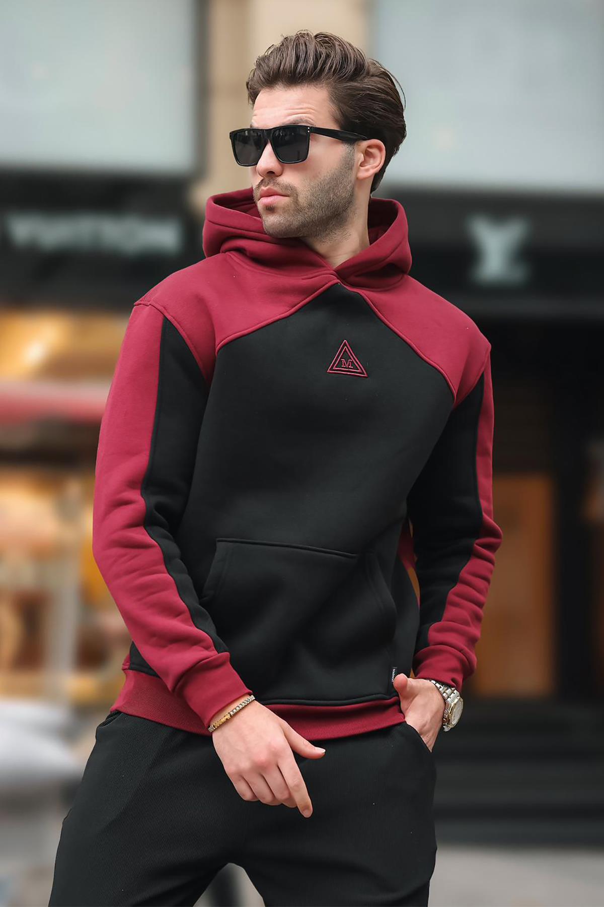 Bordo Kapüşonlu Cep Detaylı Nakışlı Sweatshirt E7085