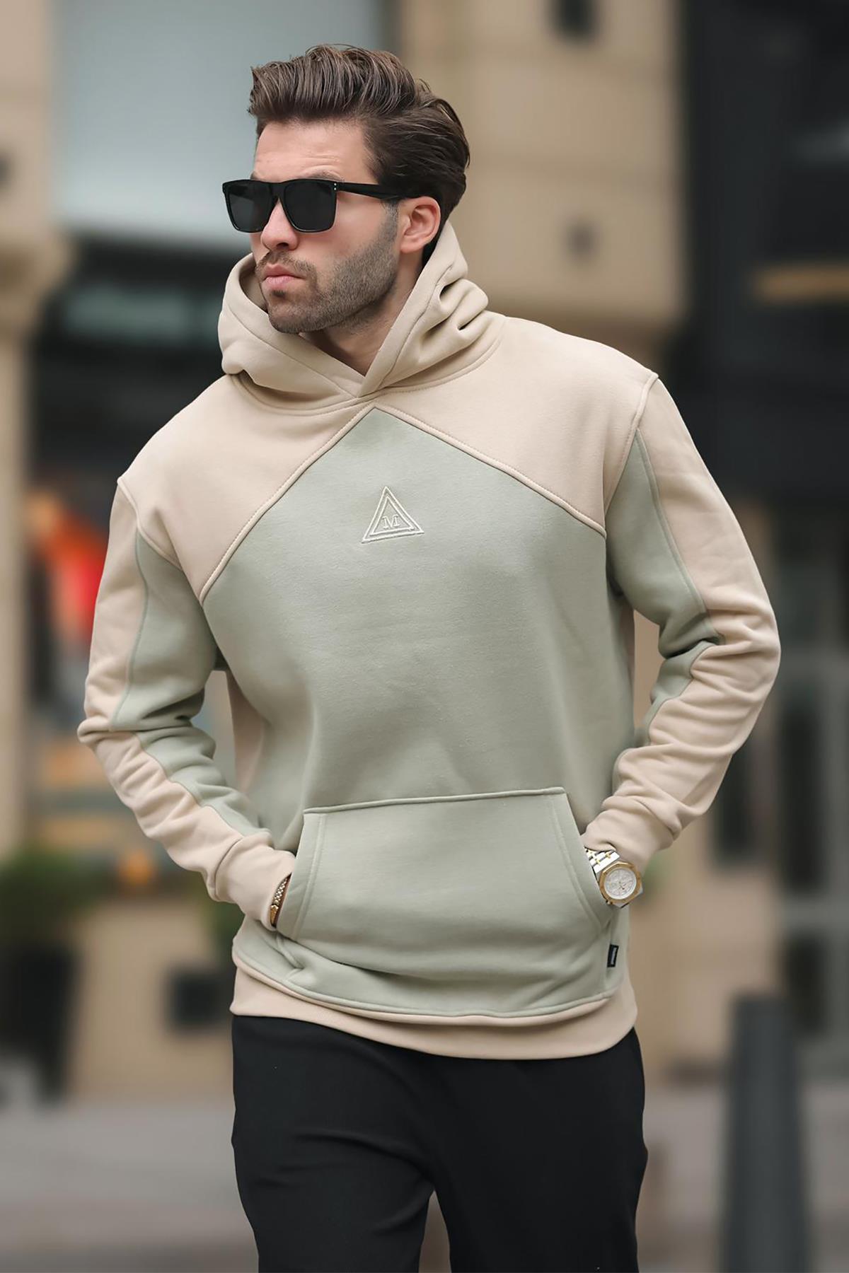 Bej Kapüşonlu Cep Detaylı Nakışlı Sweatshirt E7085