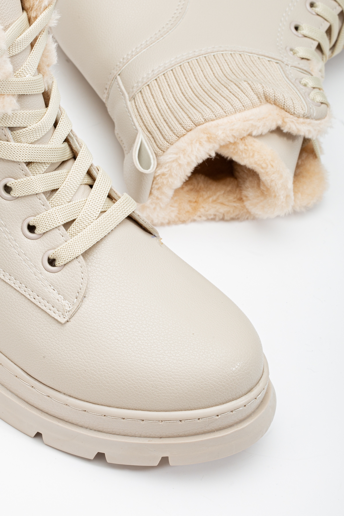 Kadın Bej Kalın Termo Taban Kürklü Bağcıklı Bot - Görsel 5