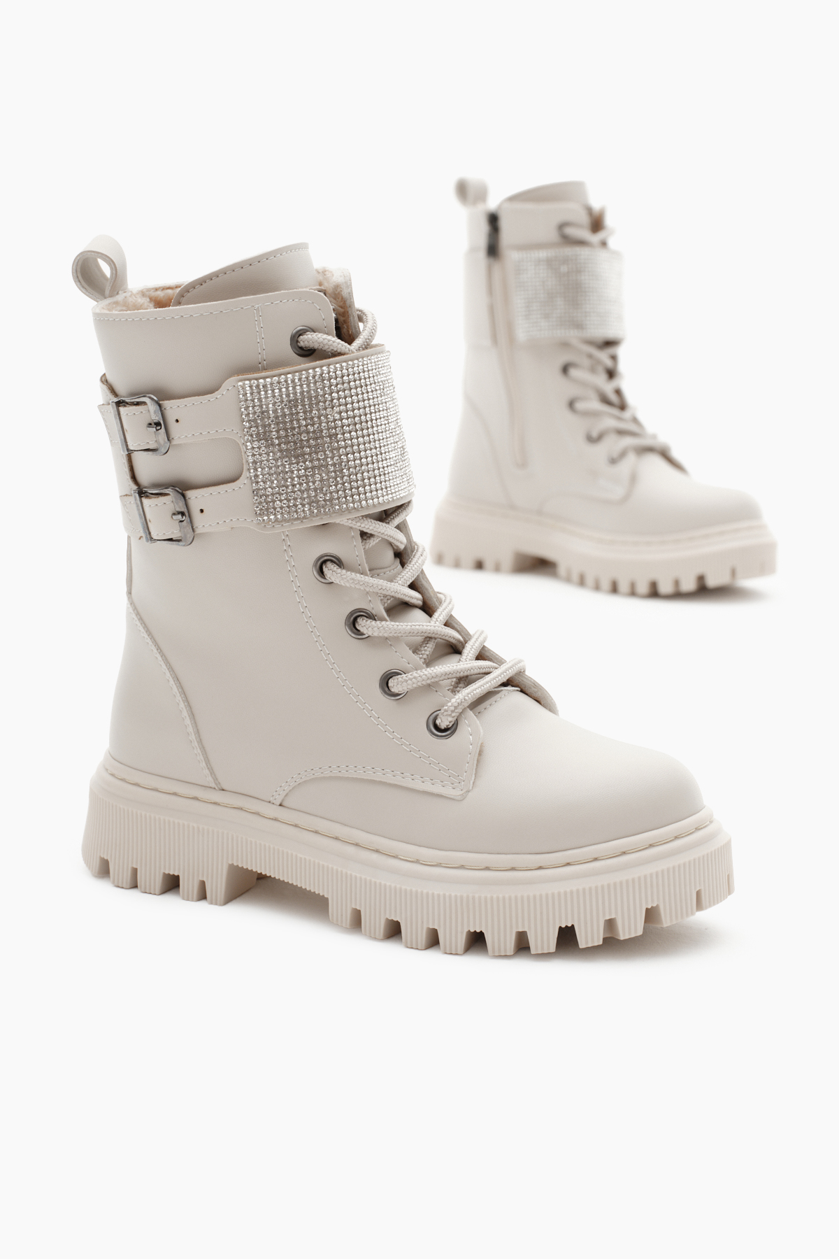 Kız Çocuk Bej Cilt Termo Taban Taş Detaylı Çift Tokalı Bağcıklı ve Fermuarlı Cırtlı Bot - Görsel 2