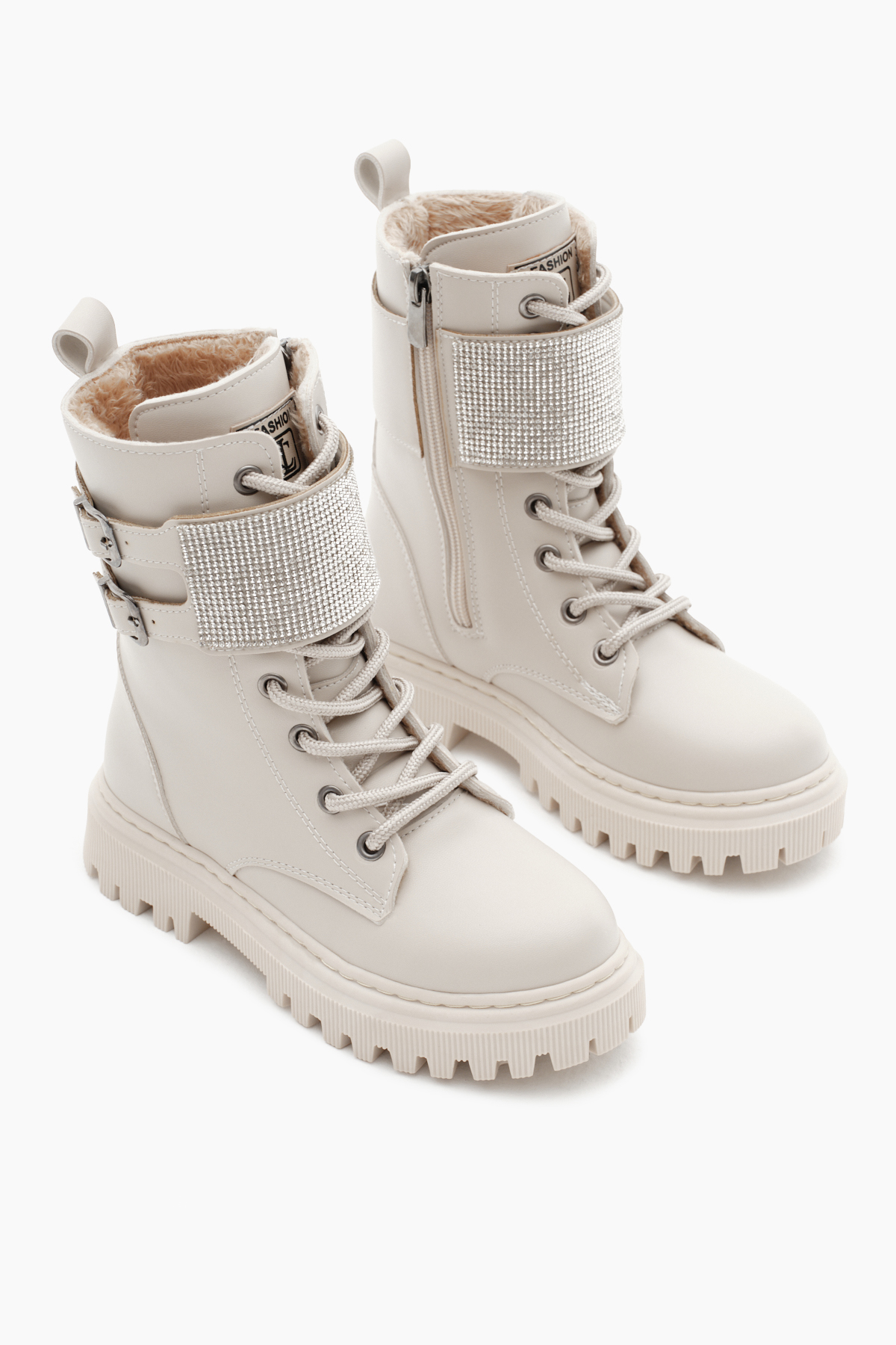 Kız Çocuk Bej Cilt Termo Taban Taş Detaylı Çift Tokalı Bağcıklı ve Fermuarlı Cırtlı Bot - Görsel 4