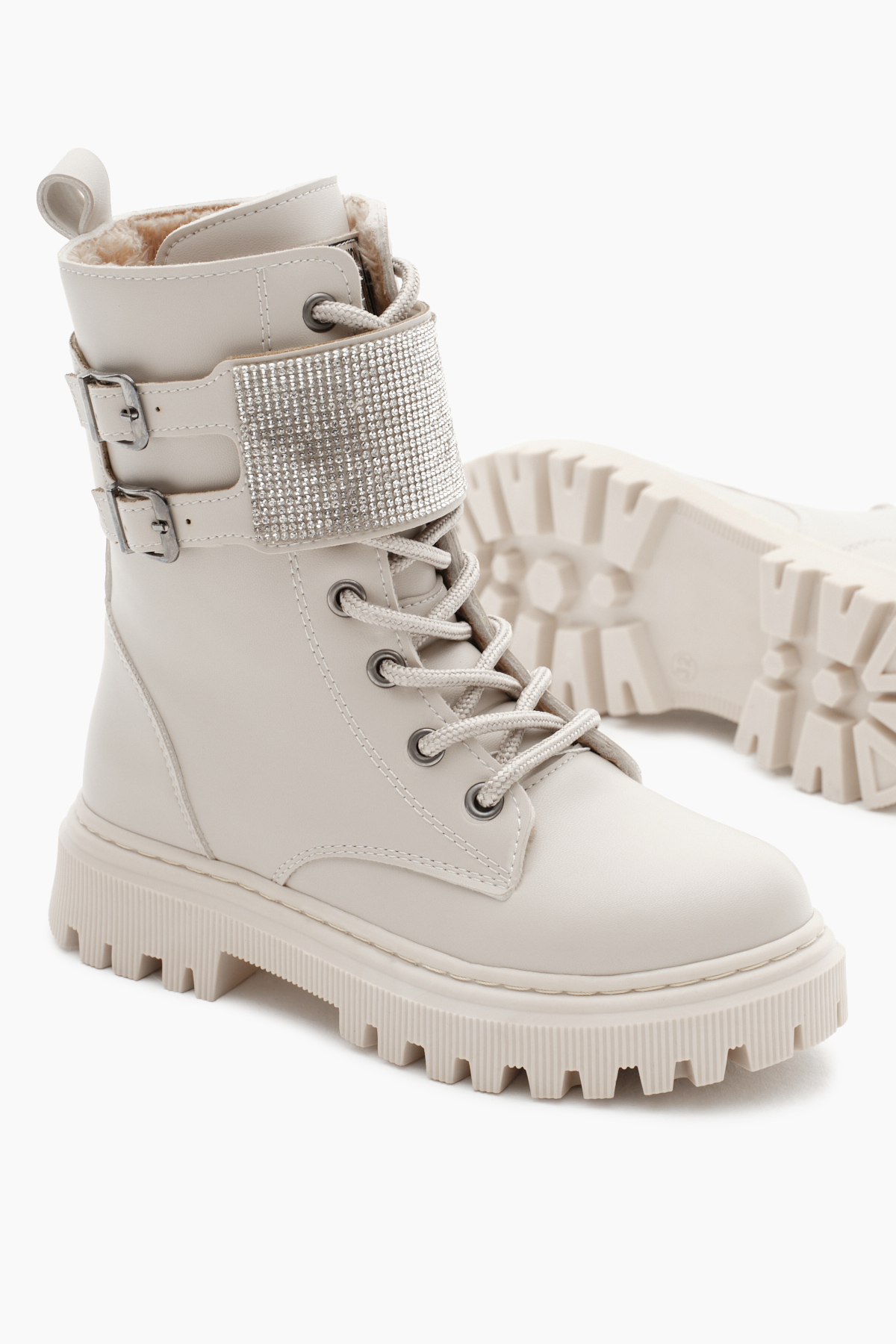 Kız Çocuk Bej Cilt Termo Taban Taş Detaylı Çift Tokalı Bağcıklı ve Fermuarlı Cırtlı Bot - Görsel 5