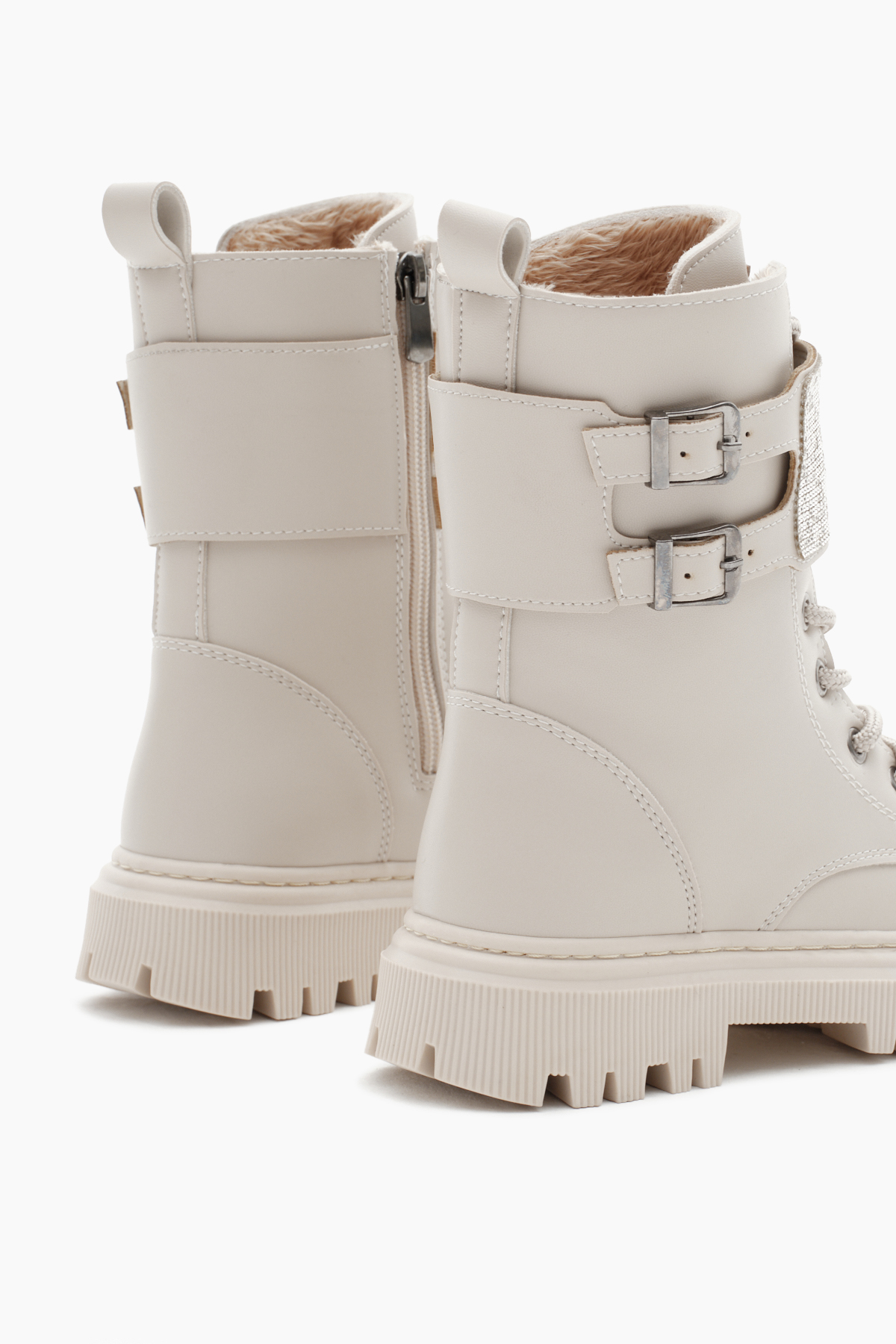 Kız Çocuk Bej Cilt Termo Taban Taş Detaylı Çift Tokalı Bağcıklı ve Fermuarlı Cırtlı Bot - Görsel 6