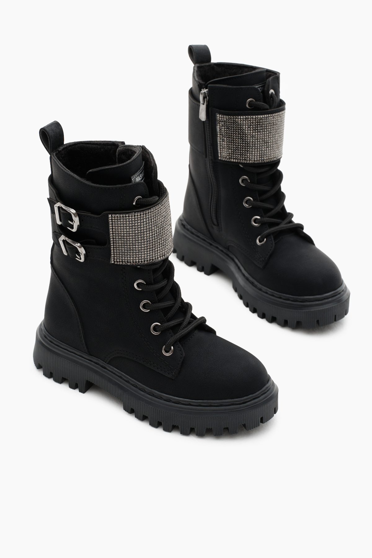Kız Çocuk Siyah Mat Termo Taban Taş Detaylı Çift Tokalı Bağcıklı ve Fermuarlı Cırtlı Bot - Görsel 2