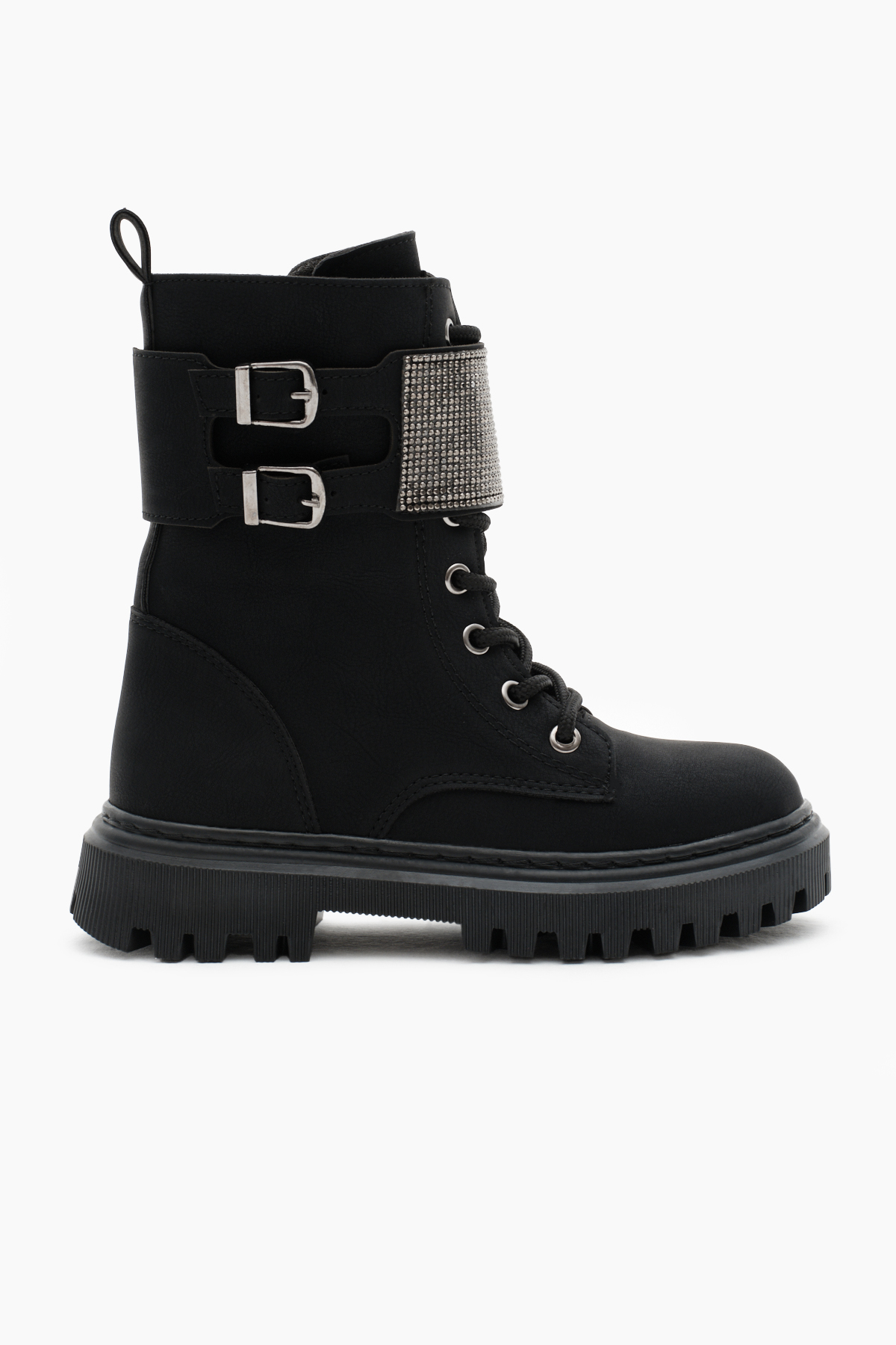 Kız Çocuk Siyah Mat Termo Taban Taş Detaylı Çift Tokalı Bağcıklı ve Fermuarlı Cırtlı Bot - Görsel 3