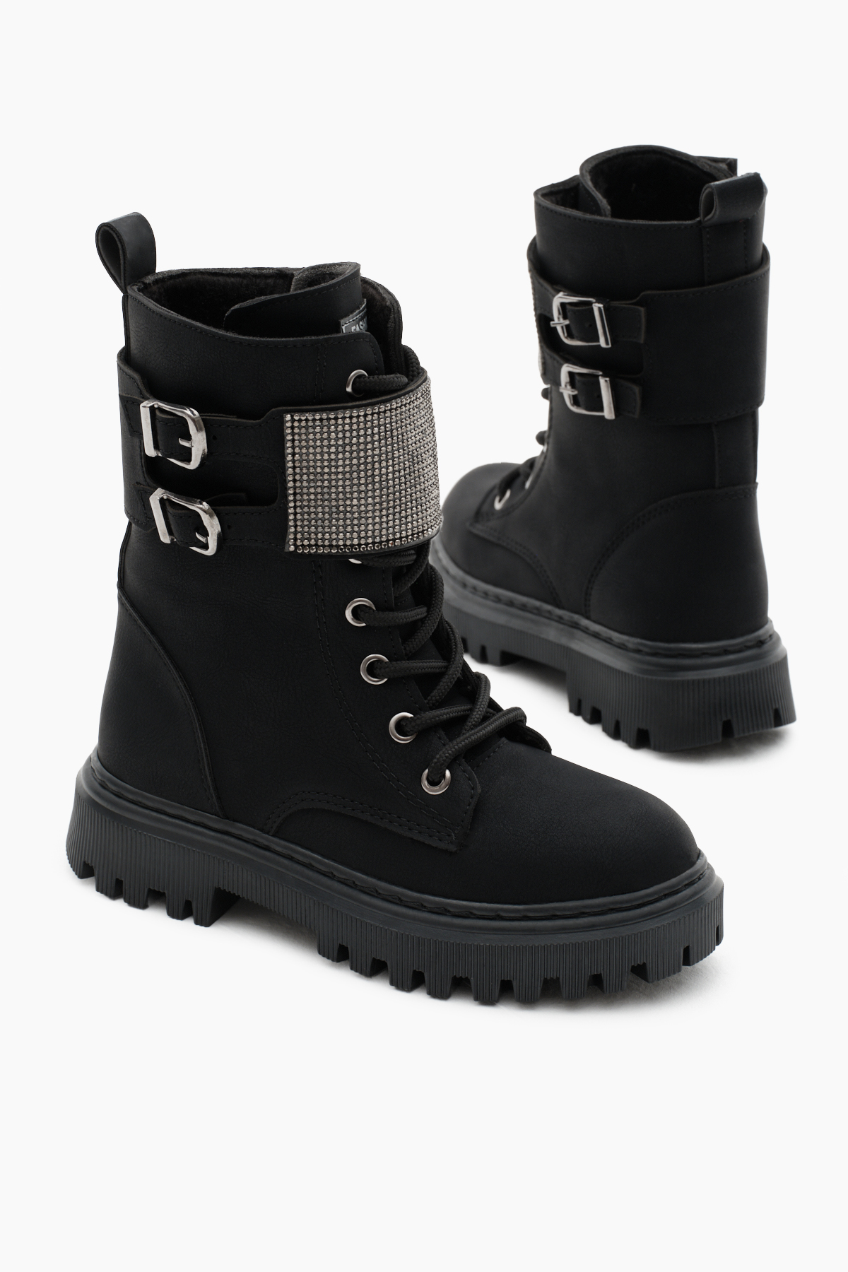 Kız Çocuk Siyah Mat Termo Taban Taş Detaylı Çift Tokalı Bağcıklı ve Fermuarlı Cırtlı Bot - Görsel 4