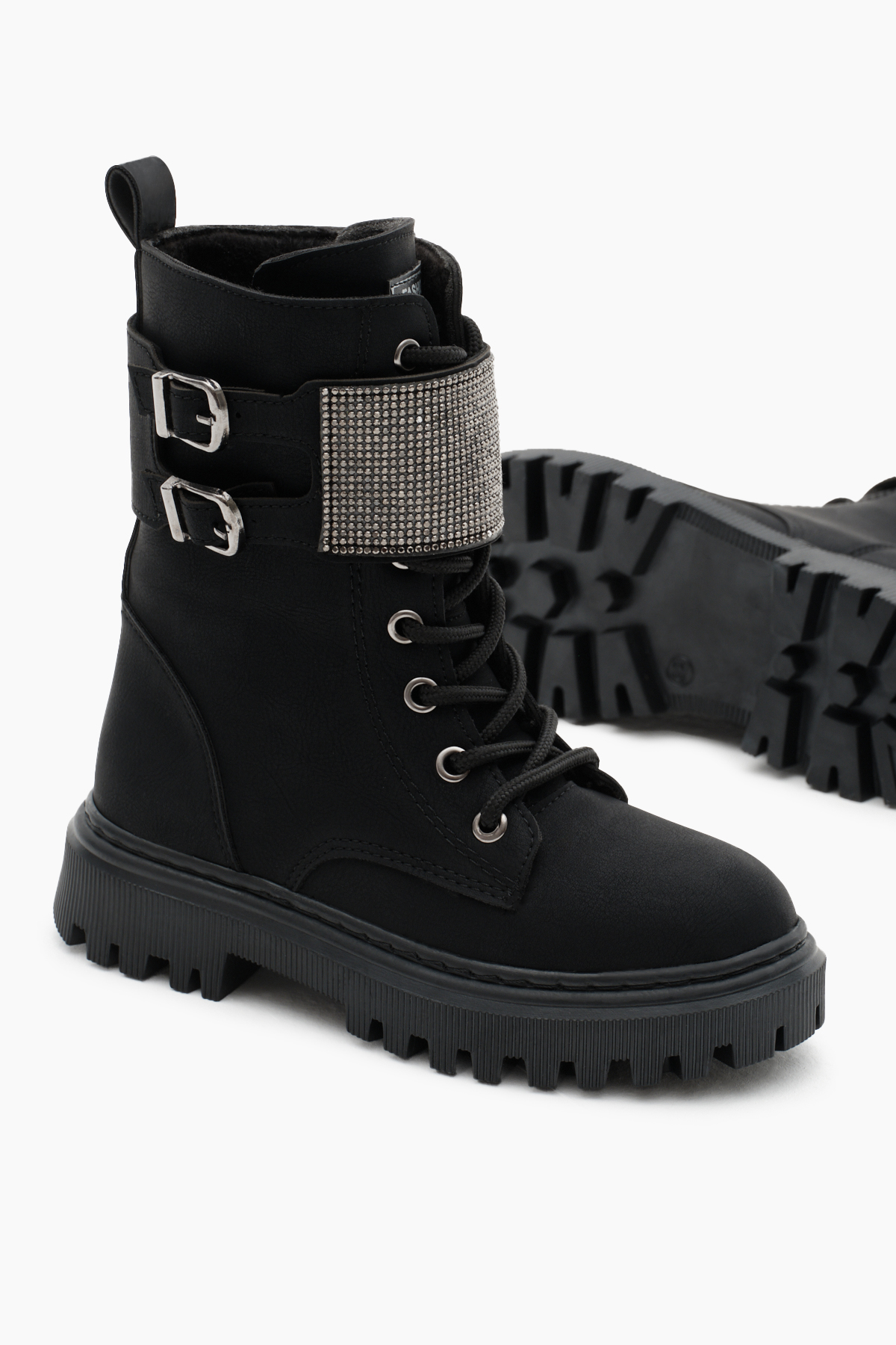 Kız Çocuk Siyah Mat Termo Taban Taş Detaylı Çift Tokalı Bağcıklı ve Fermuarlı Cırtlı Bot - Görsel 5