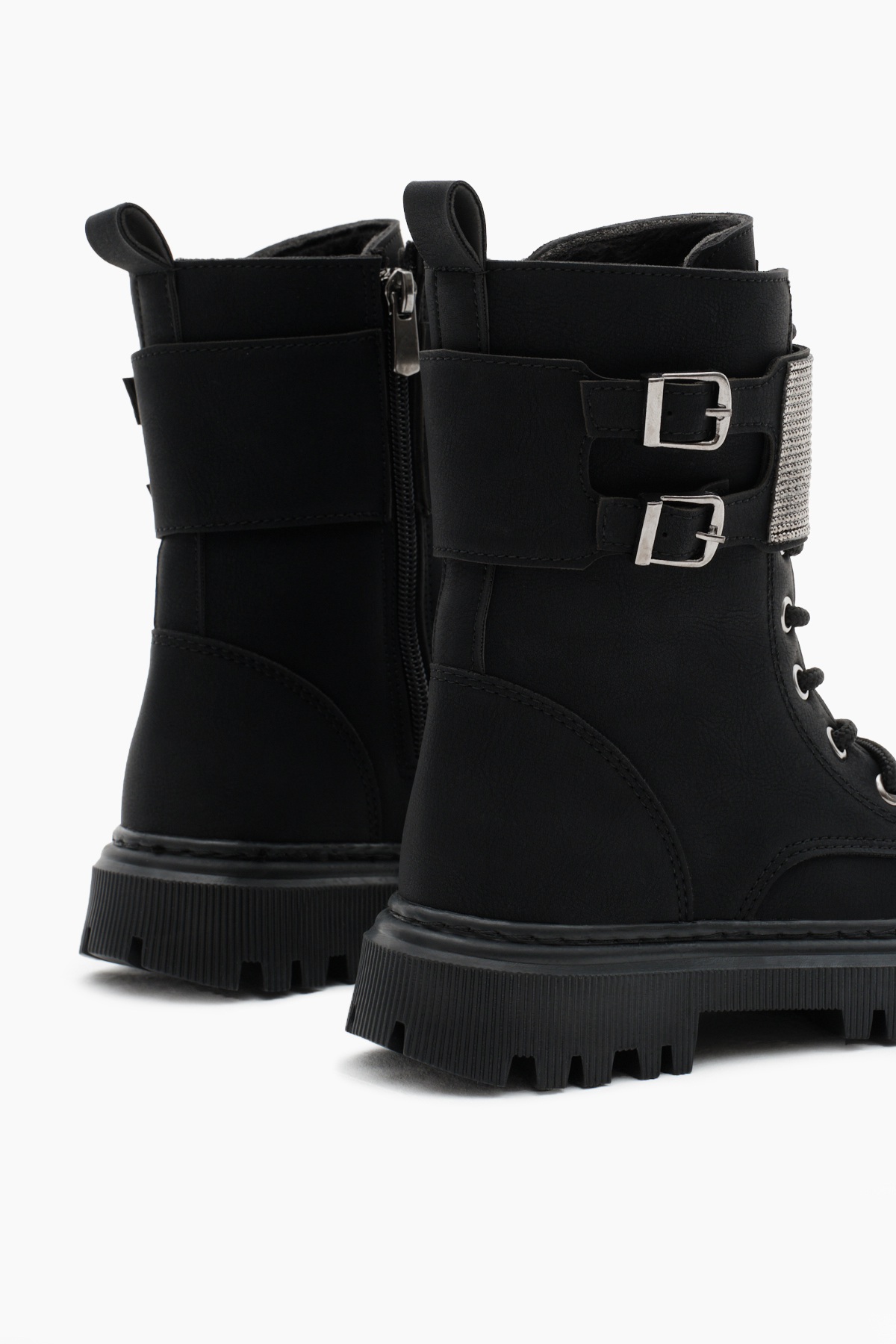 Kız Çocuk Siyah Mat Termo Taban Taş Detaylı Çift Tokalı Bağcıklı ve Fermuarlı Cırtlı Bot - Görsel 6