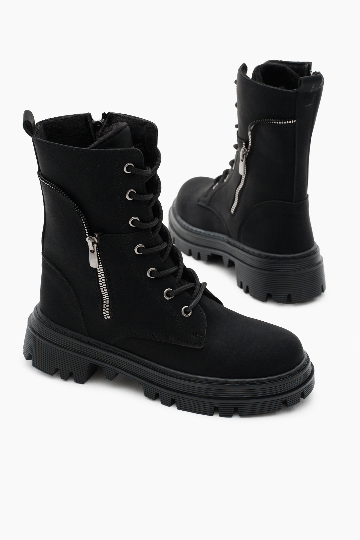 Kadın Siyah Mat Termo Taban Yanı Fermuar Desenli Bağcıklı ve Fermuarlı Bot - Görsel 4