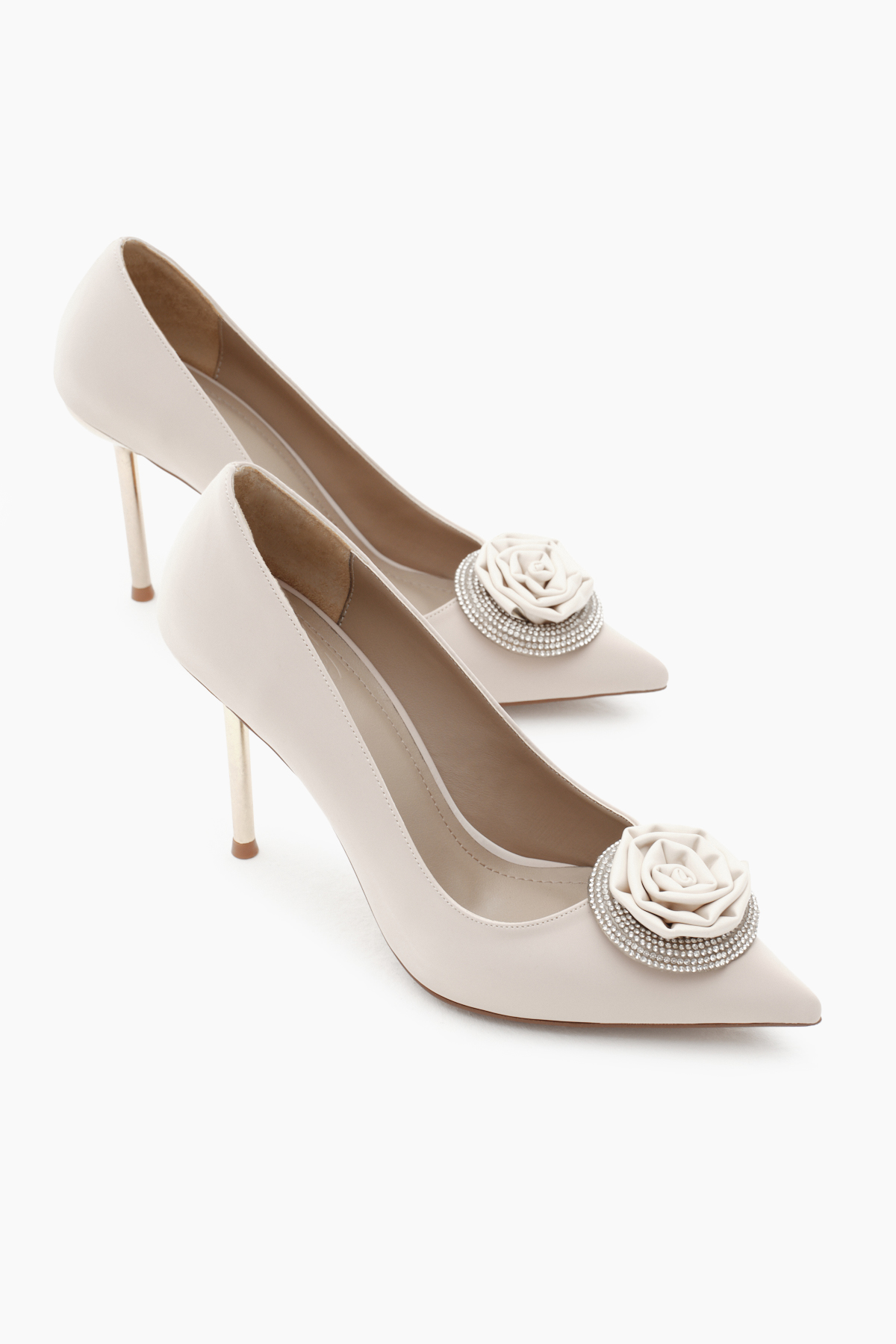 Kadın Bej Neolit Taban Önü Gül Desenli Taşlı Sivri Burunlu Yüksek Topuklu Ayakkabı - Görsel 2