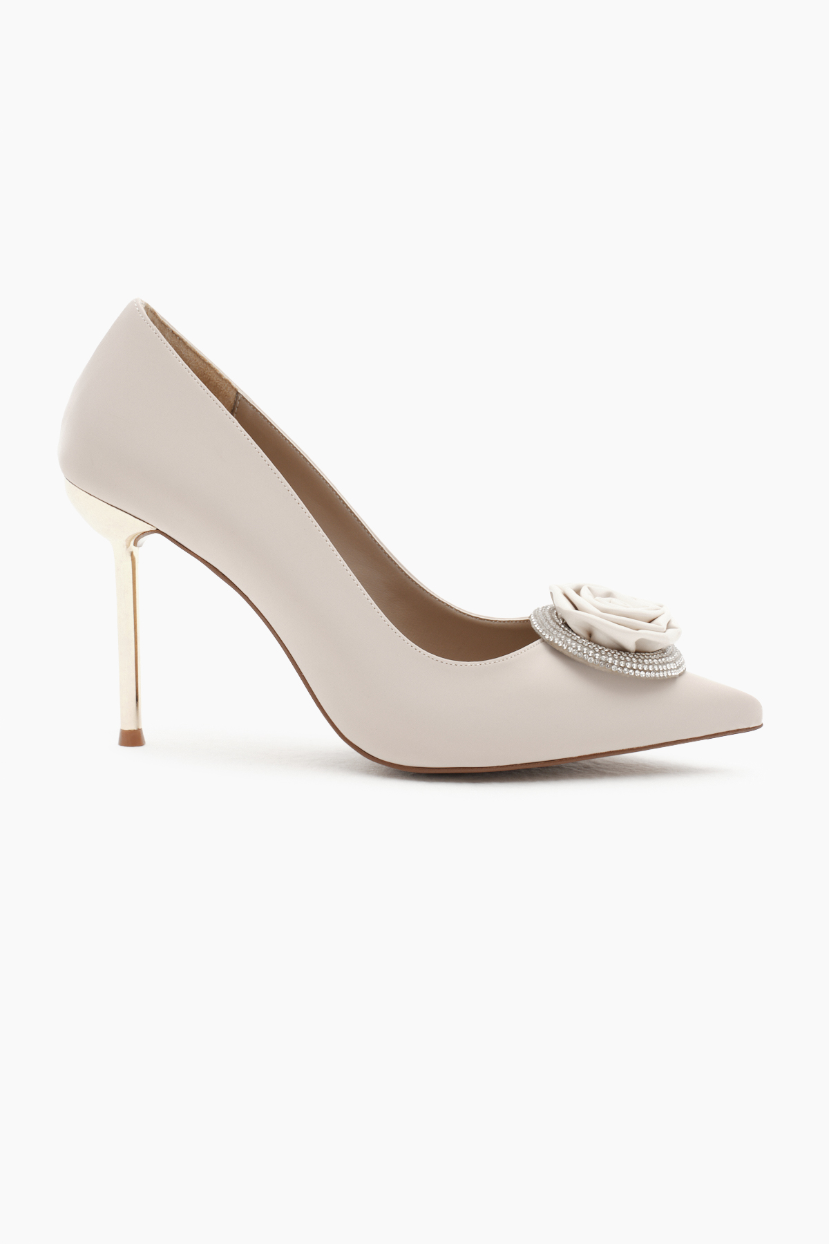 Kadın Bej Neolit Taban Önü Gül Desenli Taşlı Sivri Burunlu Yüksek Topuklu Ayakkabı - Görsel 3