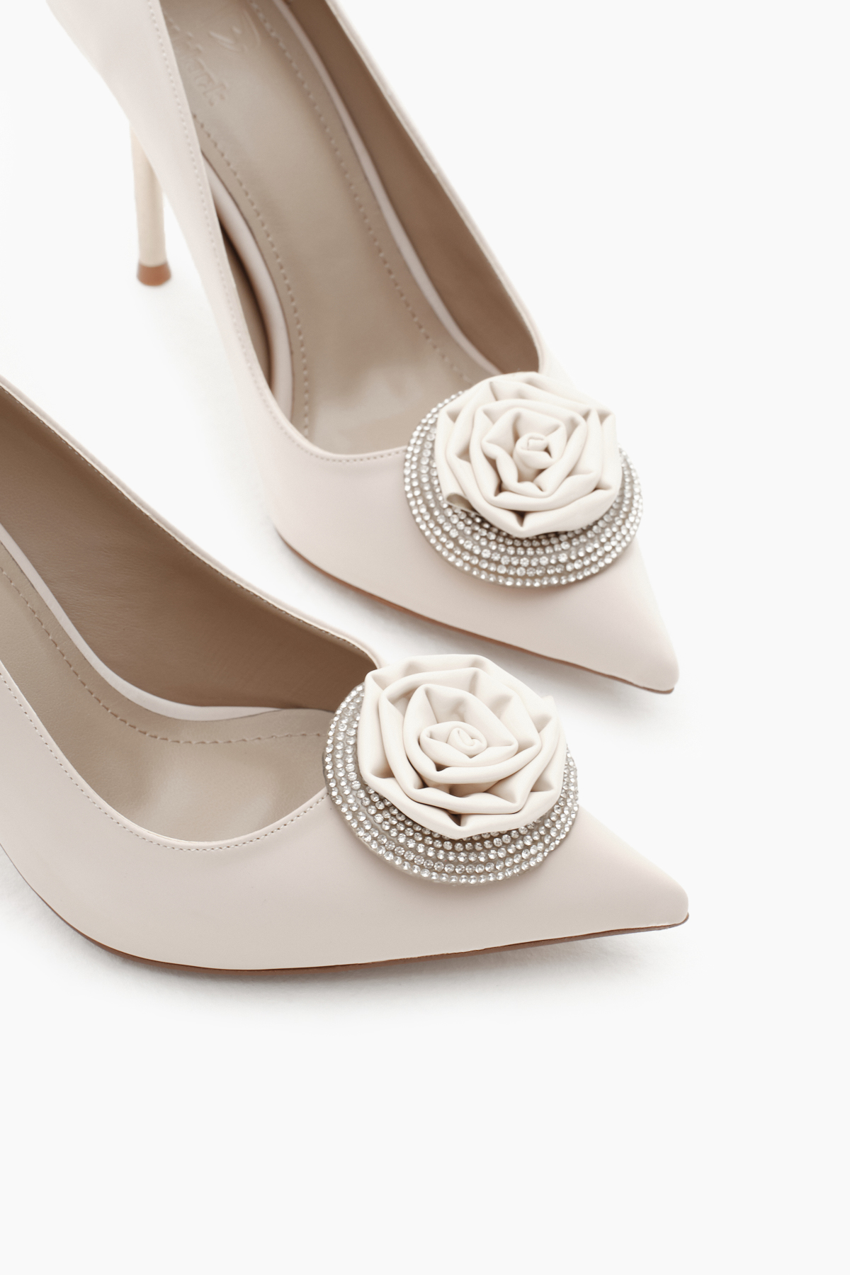 Kadın Bej Neolit Taban Önü Gül Desenli Taşlı Sivri Burunlu Yüksek Topuklu Ayakkabı - Görsel 4