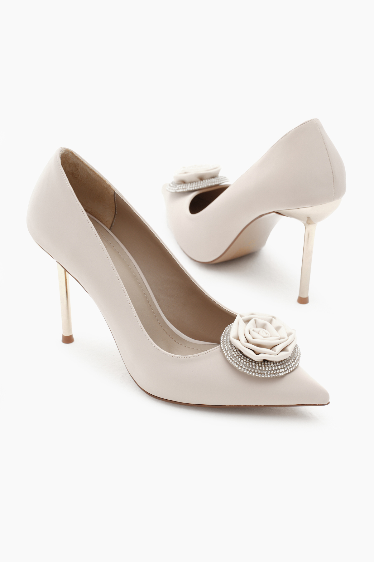 Kadın Bej Neolit Taban Önü Gül Desenli Taşlı Sivri Burunlu Yüksek Topuklu Ayakkabı - Görsel 5