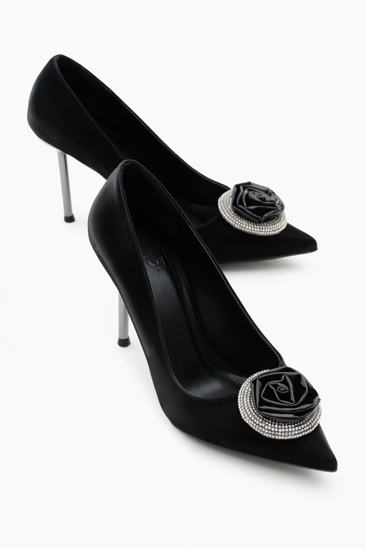 Kadın Siyah Neolit Taban Önü Gül Desenli Taşlı Sivri Burunlu Yüksek Topuklu Ayakkabı - Görsel 2