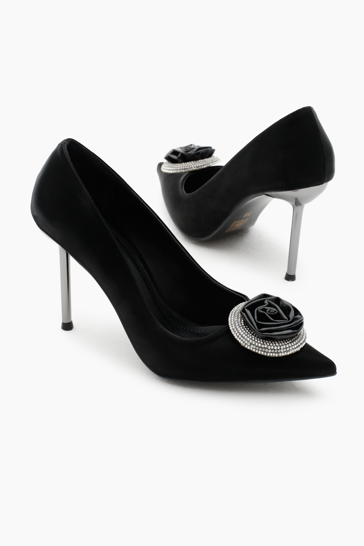 Kadın Siyah Neolit Taban Önü Gül Desenli Taşlı Sivri Burunlu Yüksek Topuklu Ayakkabı - Görsel 3