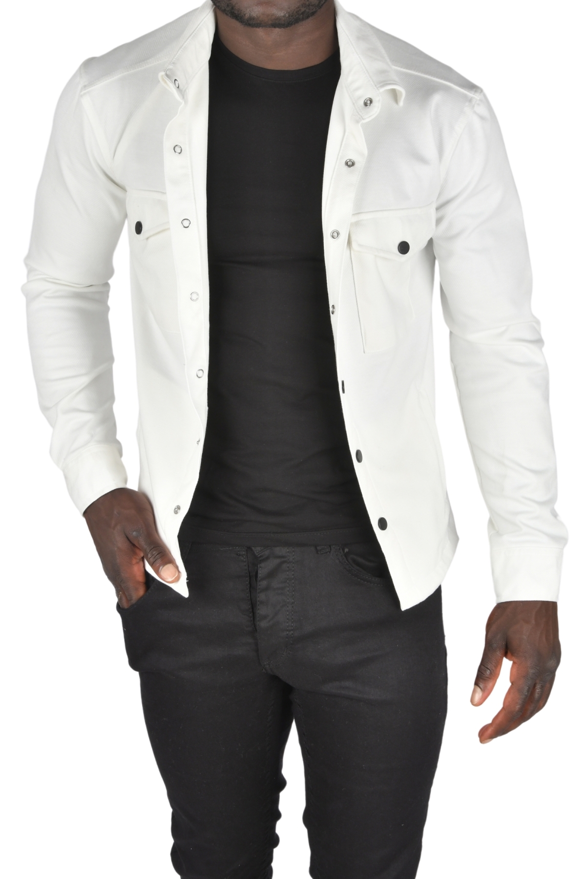 DeepSEA Erkek Beyaz Örme Kumaş Gömlek Yaka Çıtçıtlı Cepleri