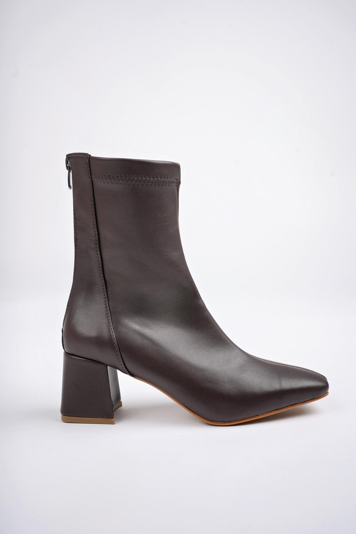 Muggo Muggo Kahverengi SASHA Garantili Küt Burun Arkadan Fermuarlı Kadın Topuklu Bot | Flo Kahverengi - 6. görsel