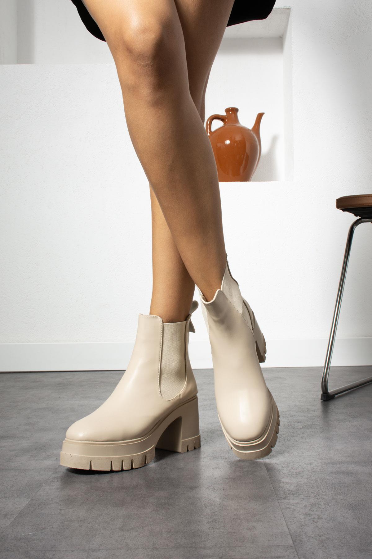 Yüksek Kalın Taban 9 cm Lastikli Kadın Bot - Görsel 6