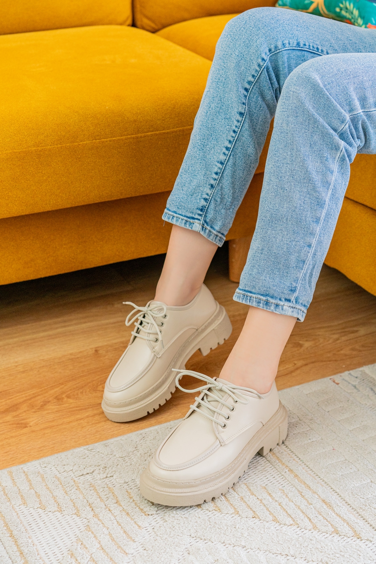 Retro Bej Günlük Kullanım Loafer Kadın Ayakkabı - Görsel 4