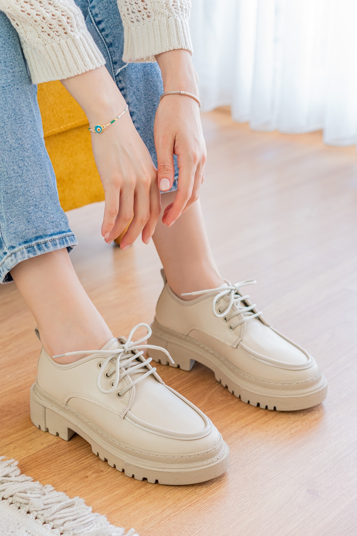 Retro Bej Günlük Kullanım Loafer Kadın Ayakkabı - Görsel 5