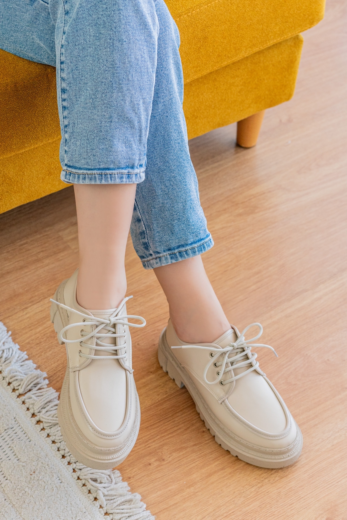 Retro Bej Günlük Kullanım Loafer Kadın Ayakkabı - Görsel 6