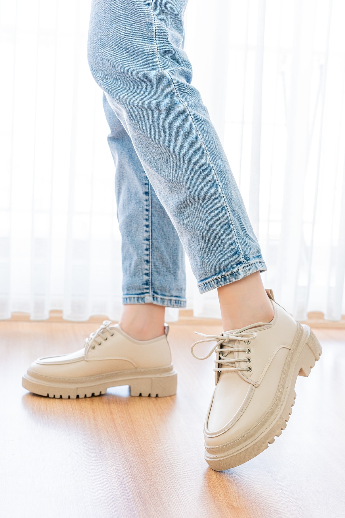 Retro Bej Günlük Kullanım Loafer Kadın Ayakkabı - Görsel 7