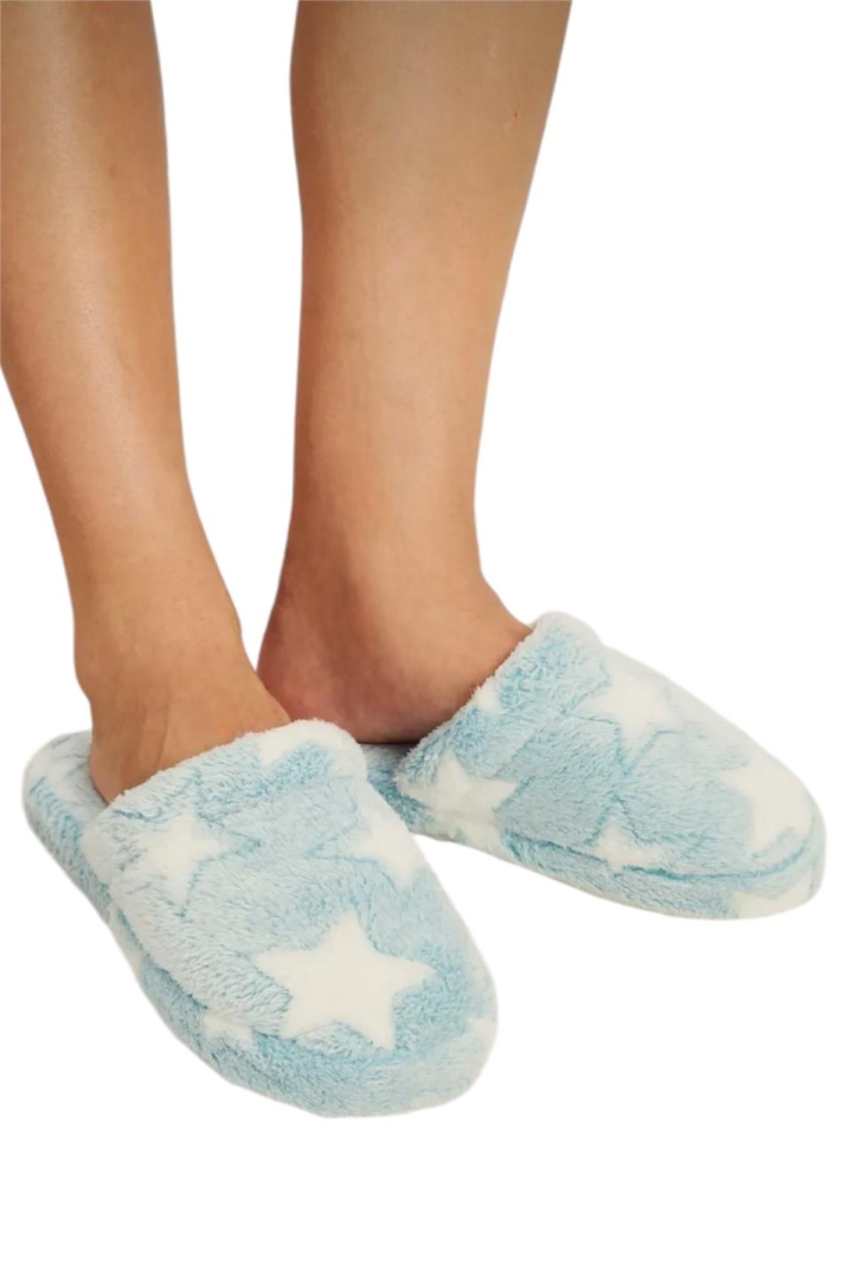 Önü Kapalı Yıldız Baskılı Peluş Kadın Ev Terliği MAVİ - Görsel 4