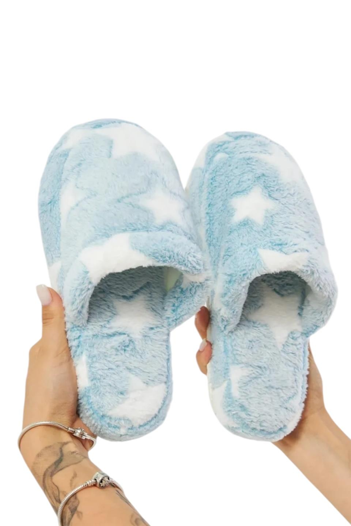 Önü Kapalı Yıldız Baskılı Peluş Kadın Ev Terliği MAVİ - Görsel 6