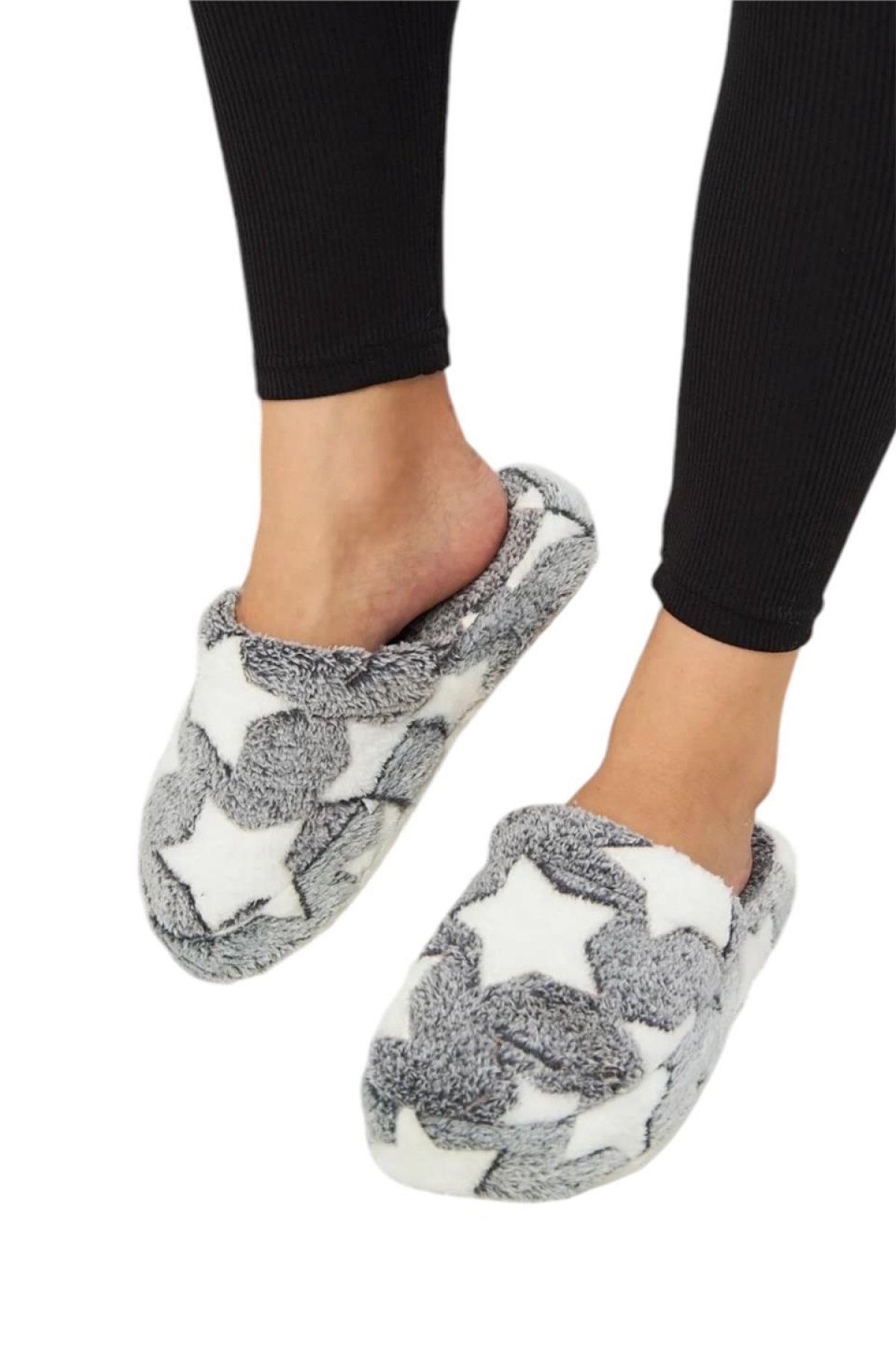 Önü Kapalı Yıldız Baskılı Peluş Kadın Ev Terliği SİYAH - Görsel 6