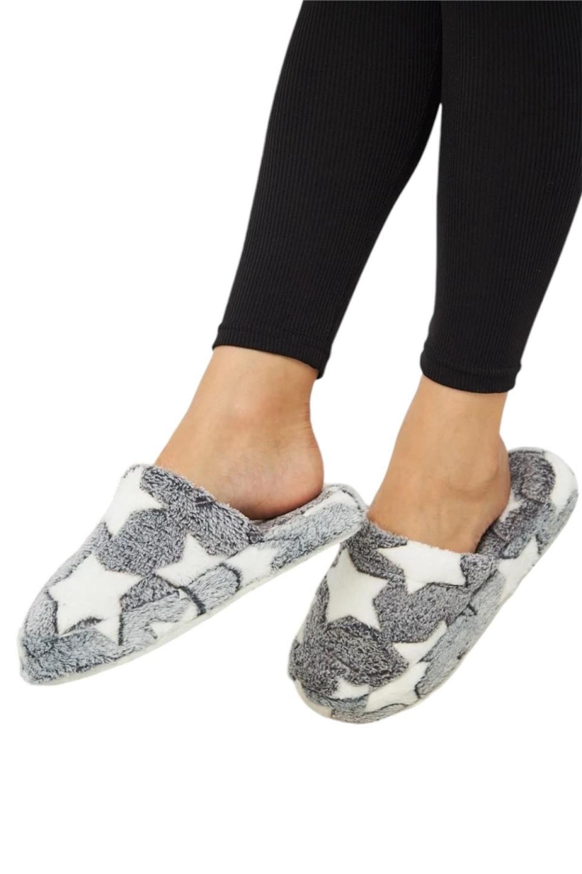 Önü Kapalı Yıldız Baskılı Peluş Kadın Ev Terliği SİYAH - Görsel 7