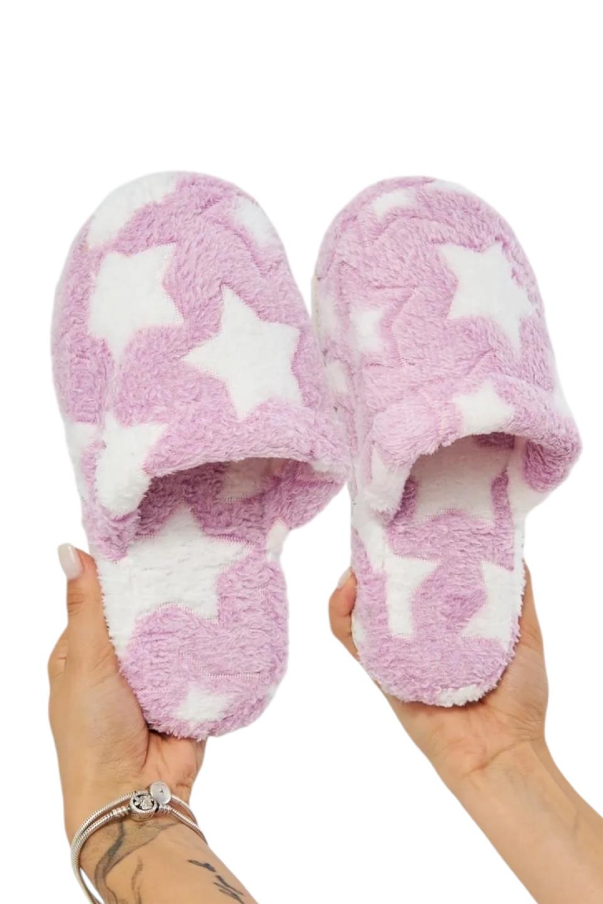 Önü Kapalı Yıldız Baskılı Peluş Kadın Ev Terliği Lila - Görsel 8